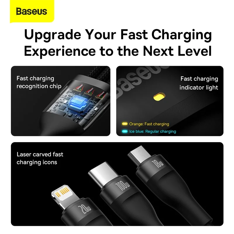 Baseus-Cable Micro USB tipo C 3 en 1 para móvil, Cable de carga rápida de 100W, compatible con Xiaomi Poco X3, Redmi, Huawei PD, iPhone 12, 11 Pro Max - imagen 4