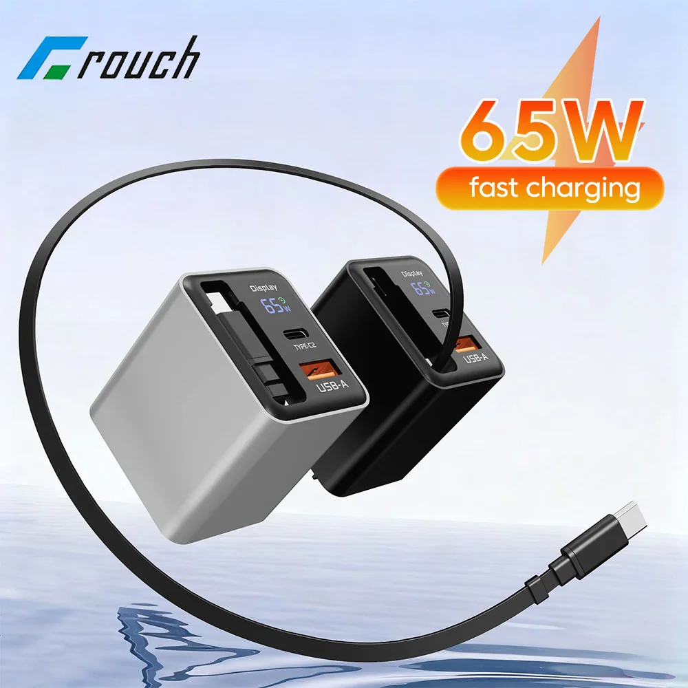 Cargador USB C de 65W con Cable retráctil, cargador de teléfono móvil con pantalla Digital, adaptador de carga rápida para iphone 15 16 17 Samsung