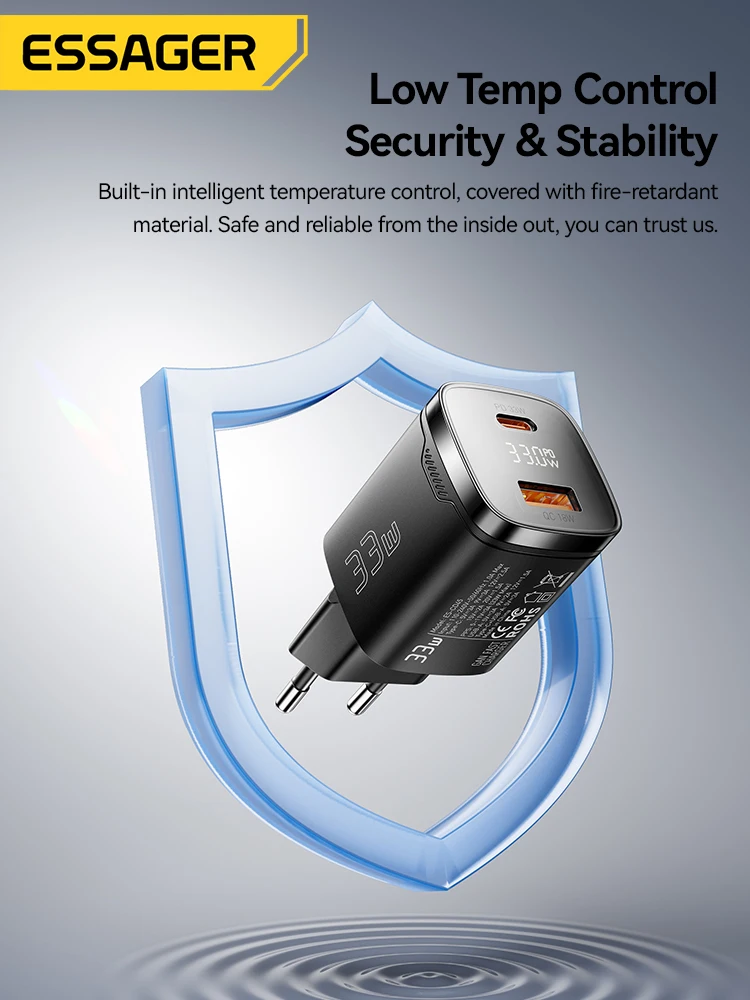 Essager Cargador GaN USB-C 33W con Pantalla Digital - Carga Rápida PD