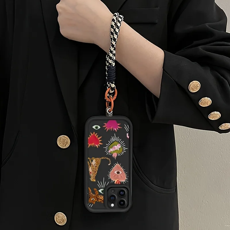Funda de teléfono con correa colgante y estampado de flores y ojos de leopardo para iPhone 11 12 13 14 15 16 17 Pro Max X XS XR 7 8 Plus 16E 17Air, funda suave - imagen 4