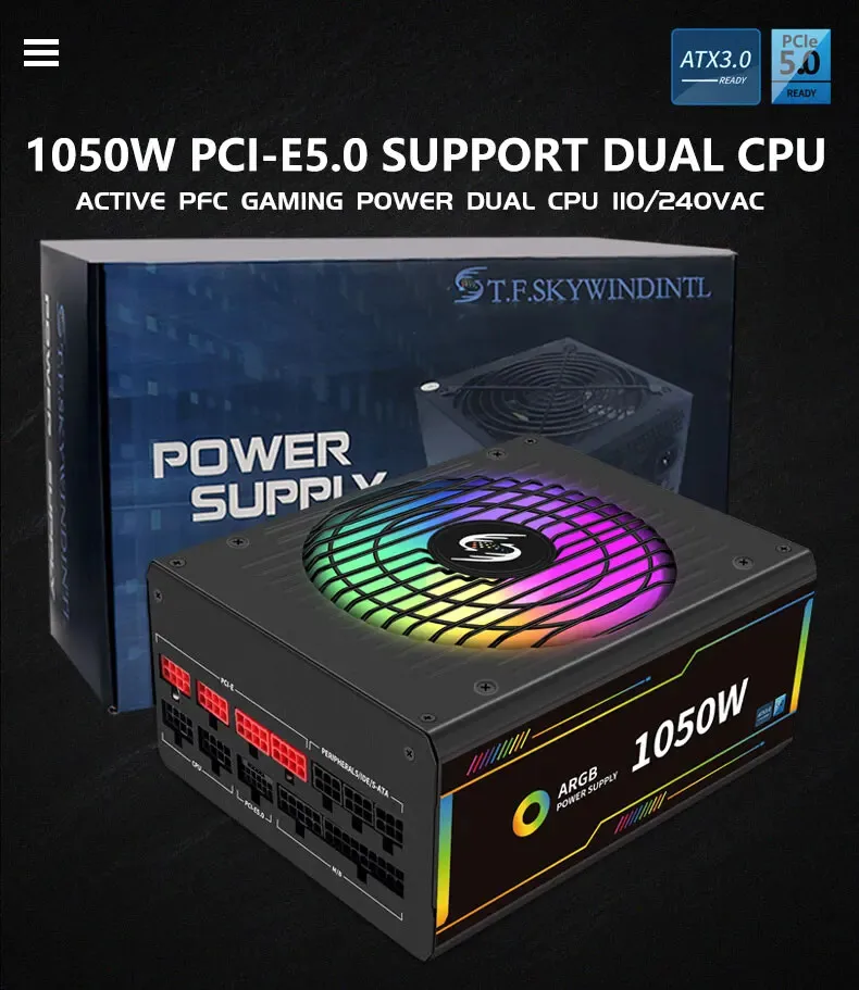 Fuente de alimentación para juegos PCIE 5 y ATX 3,0 de 1050W, conectores ATX PSU 12VHPWR completamente modulares en fuente de alimentación de bajo ruido PCIE 5,0 - imagen 4