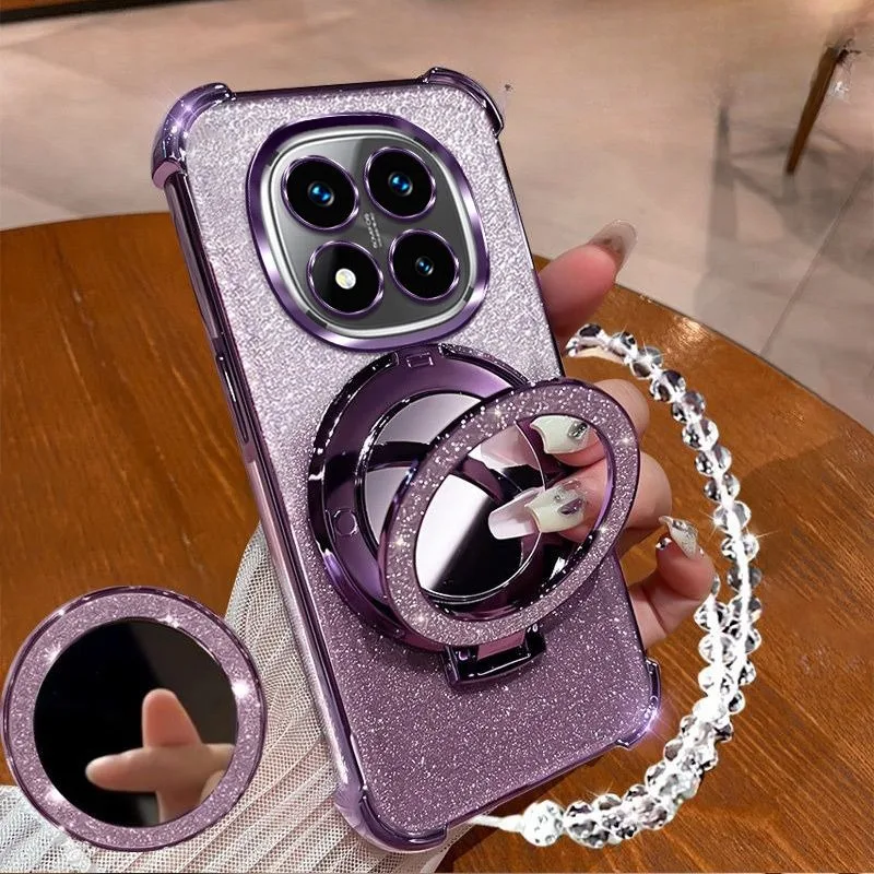 Funda de teléfono con purpurina y soporte de espejo de pulsera de cristal para Xiaomi Redmi Note 14 15 Pro Plus 15 15C 14C 14S 4G 5G, funda a prueba de golpes - imagen 3