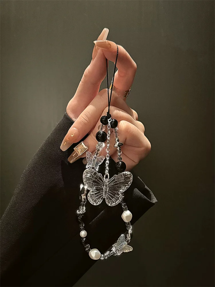 Y2K-Correa de teléfono con cuentas de mariposa transparente, nudo de cadena, cordón para teléfono móvil, llavero, bolso, colgante con lazo para cámara, cubierta de Airpods - imagen 2