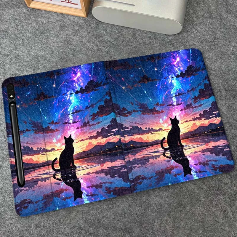 Funda plegable para tableta Samsung Galaxy Tab S9 S10 S6 S7 S8 FE Plus Lite pulgadas con dibujos de gato y puesta de sol