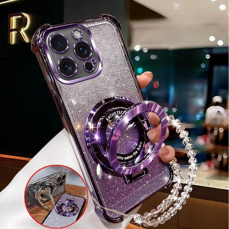 Funda de teléfono con soporte magnético de pulsera de cristal para iPhone X XS Max XR 7 8 6 6S Plus SE 2020 funda suave de silicona con purpurina a prueba de golpes - imagen 2
