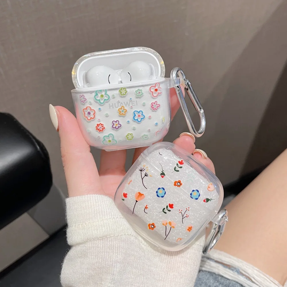 Funda para auriculares con forma de corazón y flores de dibujos animados para Huawei FreeBuds SE 2 SE2 TWS, funda protectora transparente de TPU suave con gancho - imagen 2