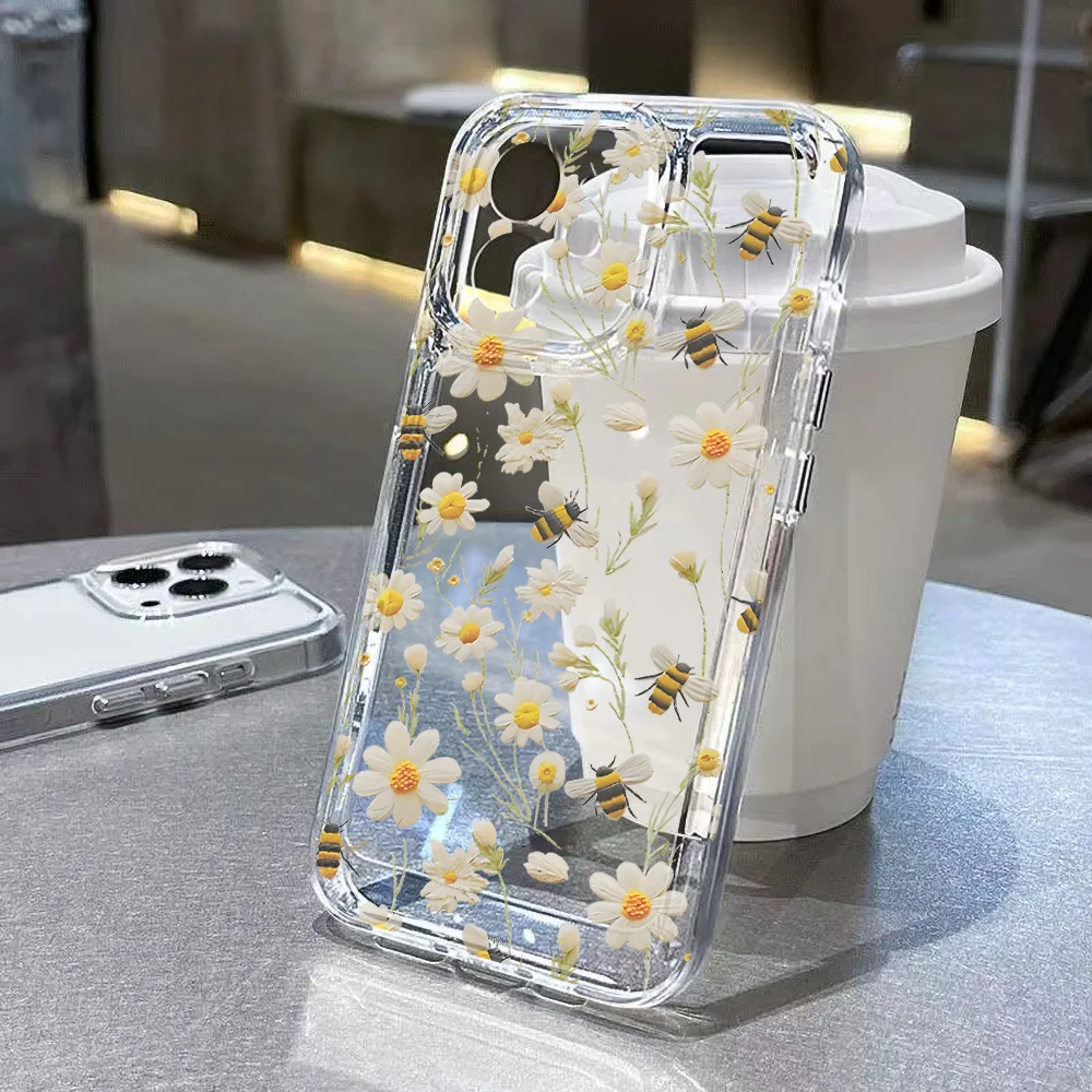 Funda de teléfono transparente con margaritas y flores para iPhone 15 16 Pro 11 12 13 14 Pro Max 16e XR XS X 7 8 Plus SE, funda suave transparente a prueba de golpes - imagen 2