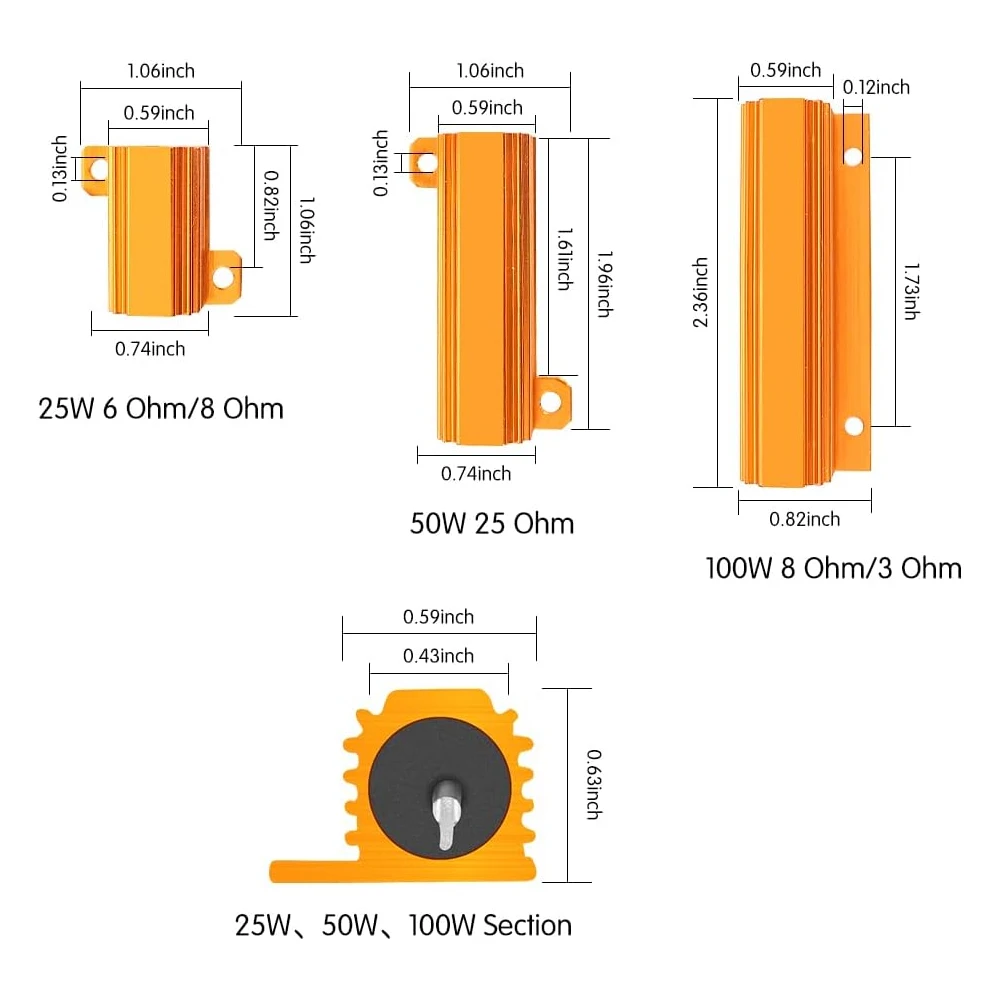 Kit de resistencia de carcasa de aluminio, 2-10 Uds., 25W, 6Ω/8Ω + 50W, 25Ω + 100W, 3Ω/8Ω, resistencia de carga para carga de freno/decodificador LED - imagen 2