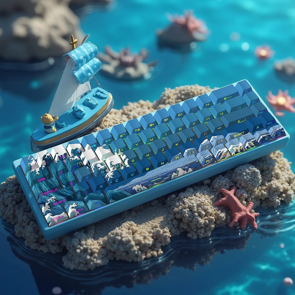 Teclas PBT de sublimación de tinte de onda de mar azul, 129 teclas retroiluminadas RGB con retroiluminación lateral, perfil de cereza para interruptores MX, Teclado mecánico - imagen 2
