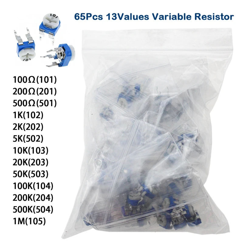 65 Uds potenciómetro recortador RM065 resistencia ajustable 100R-1M potenciómetros 1K 5K 10K 20K 50K 100K 500K 1M resistencias variables