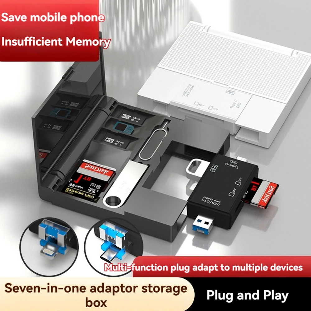 Caja de almacenamiento para lector de tarjetas USB 2,0 7 en 1, tarjeta SD TF, funda para tarjeta de memoria inteligente, adaptador de lectura de tarjetas multifuncional tipo C, caja de almacenamiento