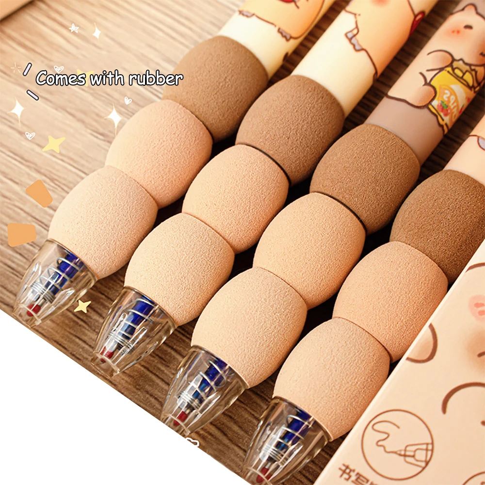 Bolígrafos de Gel borrables de capibara, dibujos animados, Kawaii, escritura de secado rápido, bolígrafos neutros suaves y elegantes, papelería estética, 4 Uds.