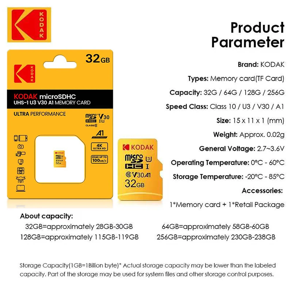 Tarjeta Micro SD Kodak, tarjeta de memoria de 64GB y 32GB, 512GB, 256GB, 128GB, tarjeta de memoria SD MicroSDXC Class10, tarjeta Flash TF Original de 100 MB/s U3 - imagen 4