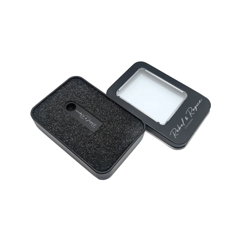 MINI unidad Flash USB 2,0 de Metal negro mate con logotipo de estudio personalizado, 16GB, 32GB, 64GB, 128GB, caja de Metal transparente, 50 unidades por lote - imagen 2