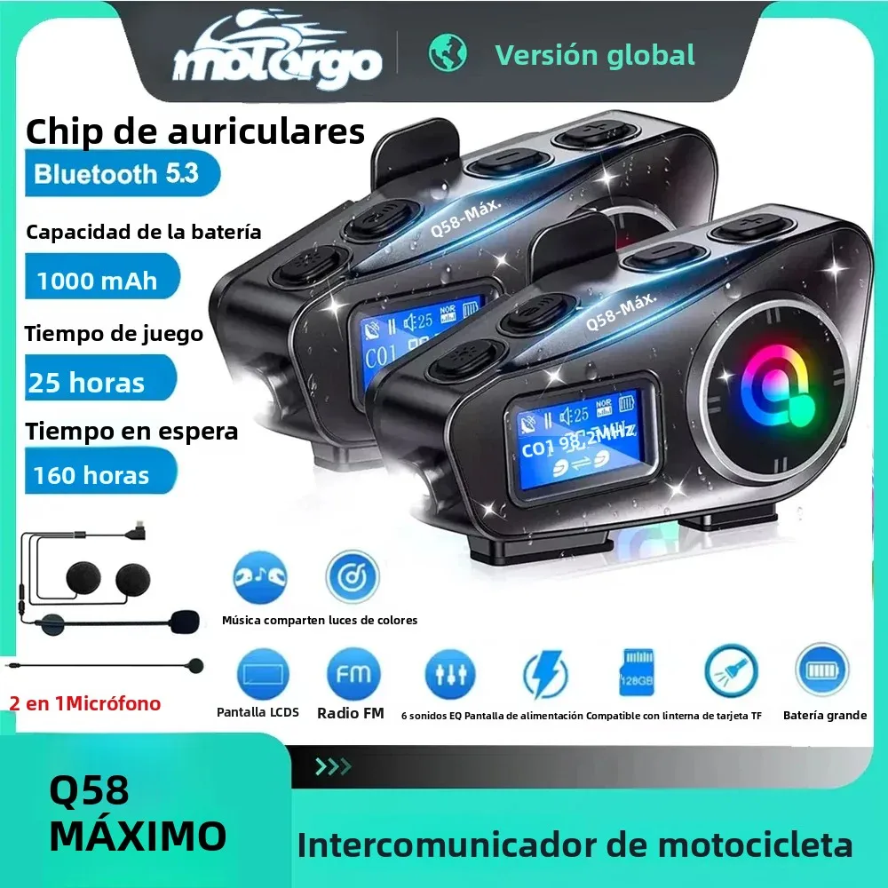 Intercomunicador para casco de motocicleta, Bluetooth 5,3, pantalla LCD, auriculares para 2 conductores con compartir música y linterna, interfono de 500M