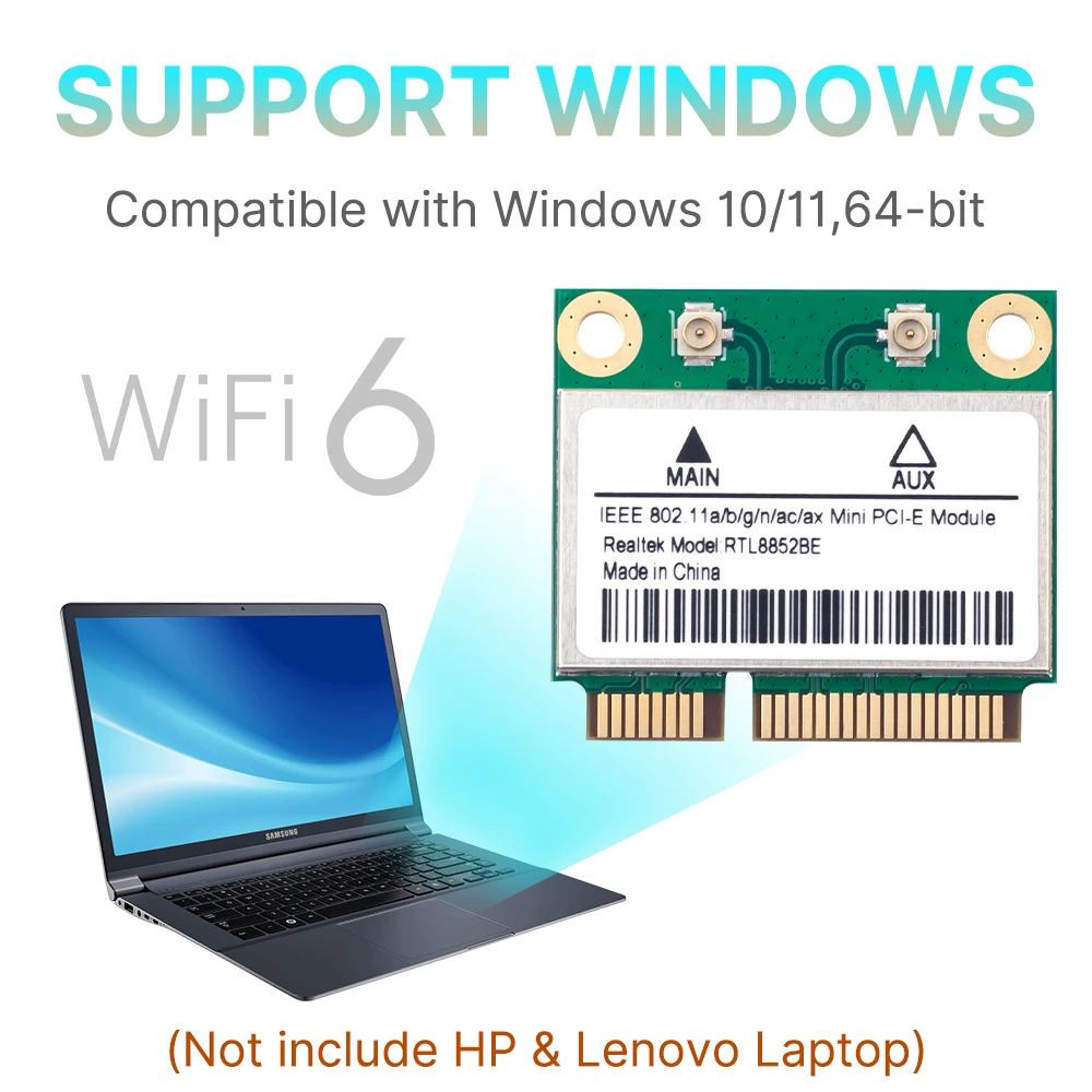 Fenvi WiFi 6 RTL8852BE Mini tarjeta de red PCI-E Bluetooth 5,2 AX1800 adaptador inalámbrico Wlan de doble banda 2,4G/5GHz para Windows 10/11 - imagen 5