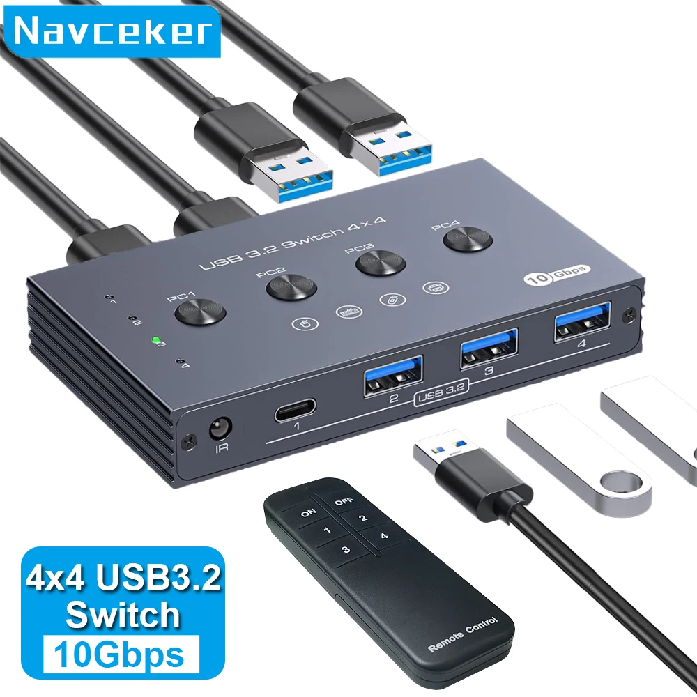 Navceker 10Gbps USB 3,2 Switch 4 ordenadores Share 4 periféricos 4 puertos USB 3,2 Switcher para ratón teclado impresora con control remoto - imagen 2