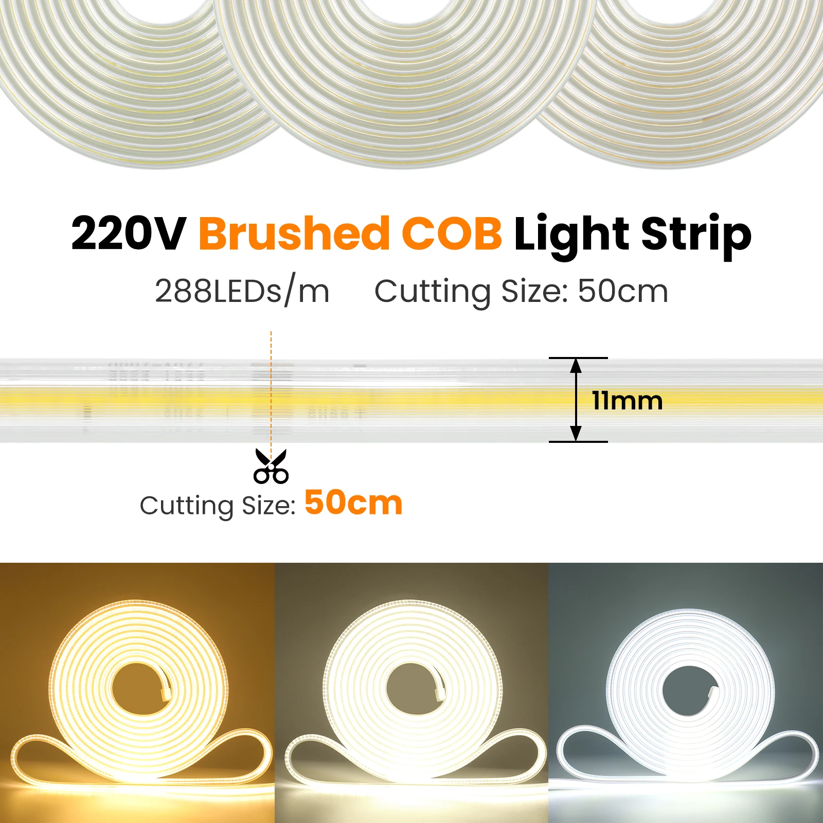 Tira COB de 220V y 110V para decoración exterior, tira de luces LED blanca/blanca cálida con enchufe UE, Reino Unido y EE. UU. para iluminación de cocina y dormitorio - imagen 5