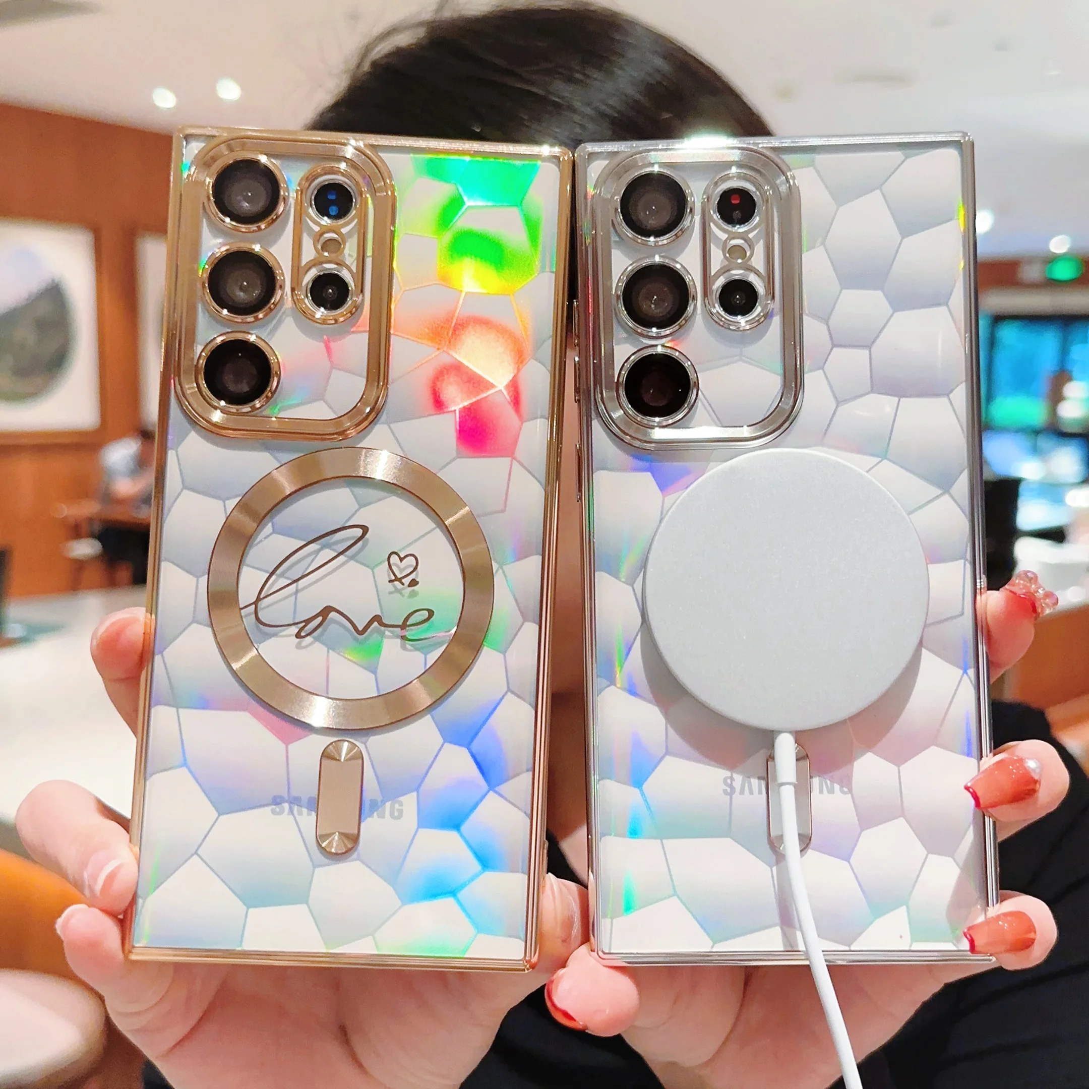 Funda magnética Magsafe transparente de lujo para Samsung Galaxy S23, S22 Ultra Plus, S21, lente geométrica holográfica, protección de parachoques suave - imagen 3