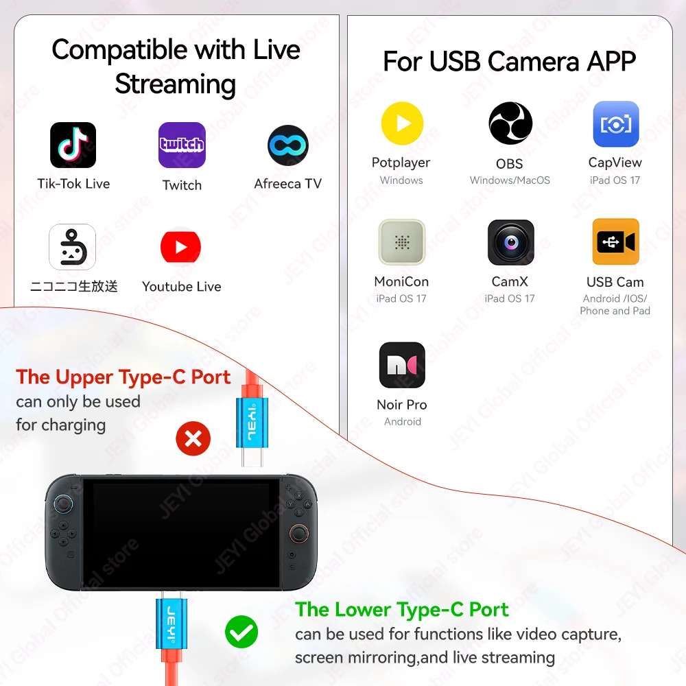 Tarjeta de captura de vídeo JEYI USB 3,0, versión PD con USB C a USB A/C, grabación de vídeo en vivo y Audio para juegos para Switch 2/1/OLED portátil - imagen 3