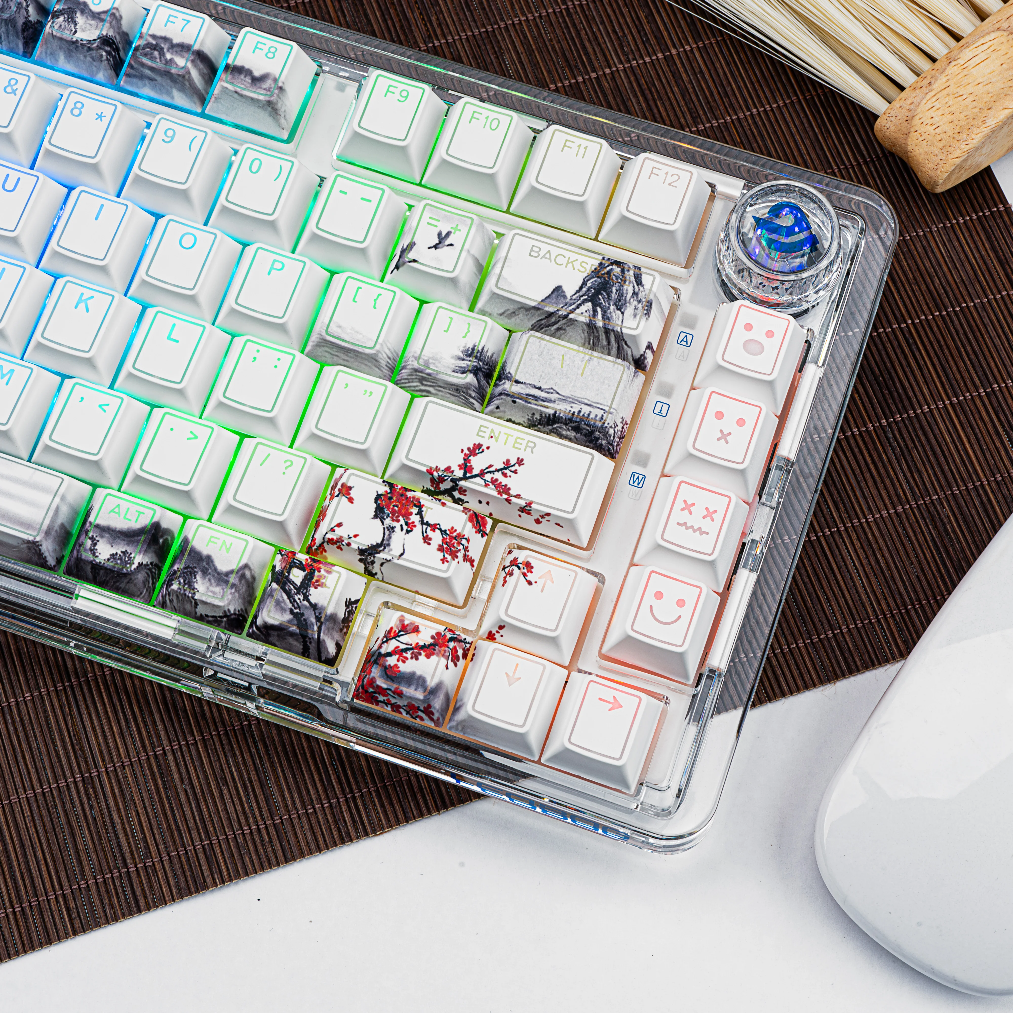 Teclas PBT de sublimación de tinte de cinco lados con flor de ciruelo de tinta, 142 teclas, teclas personalizadas con brillo para interruptores MX, teclado mecánico