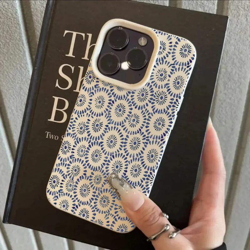 Funda de teléfono con textura de lichi y patrón Floral azul para iPhone 17 16 15 14 13 12 11 Pro Max 17 Air 15 14 Plus X XS XR 16E, funda suave - imagen 3