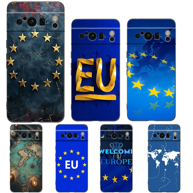 Funda de teléfono con bandera de la UE para Google Pixel 10 9 8 7 6 Pro XL 9A 8A 6A 7A 5G, funda negra de TPU suave a prueba de golpes
