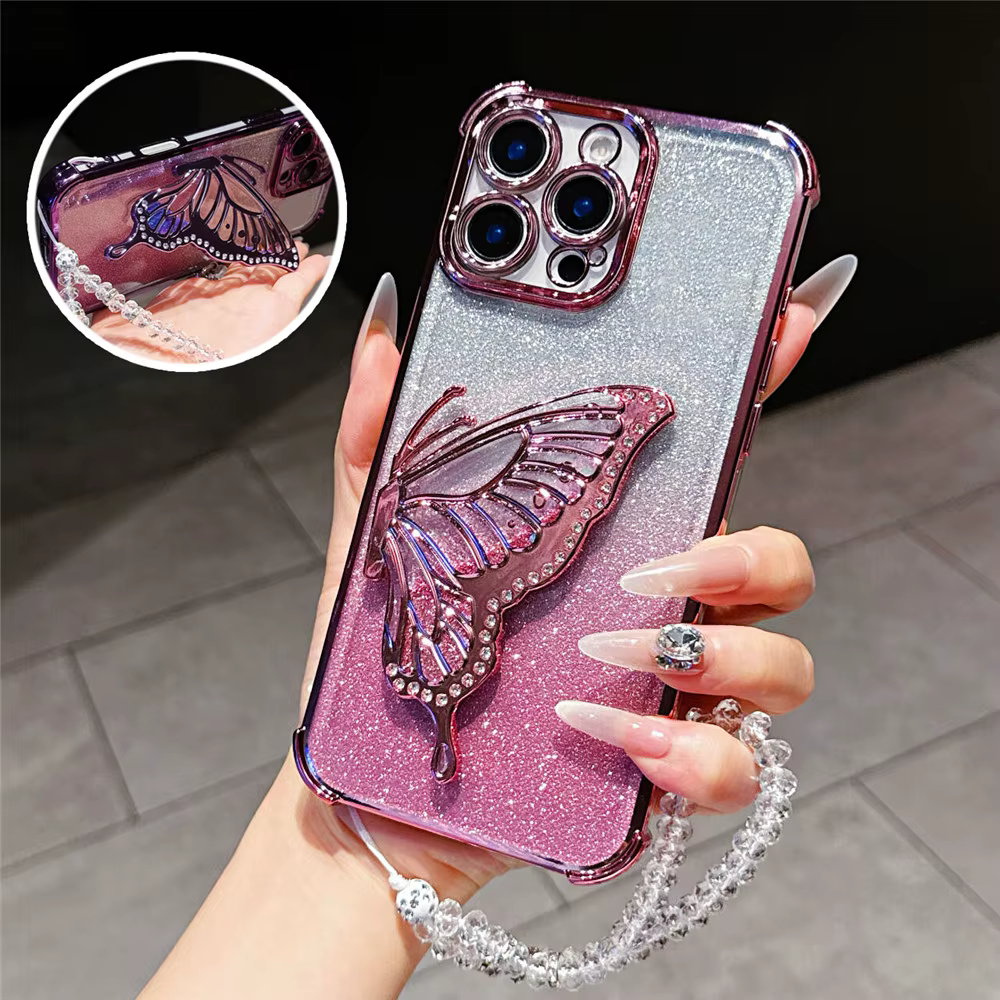 Funda de teléfono con soporte de mariposa y arena movediza a prueba de golpes para OPPO A16 A17 A5 A9 2020 A54S A53S Reno 12 12F 13F cubierta de cadena de cristal - imagen 2