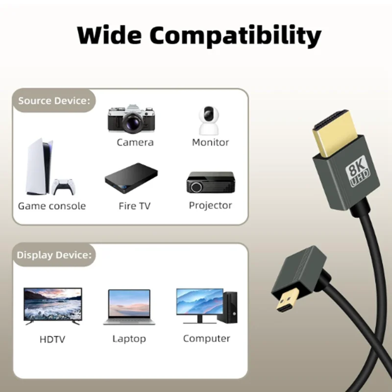Cable corto HD a Micro HDMI de 90 grados, Cable en espiral HDMI 2,1, 8K @ 60Hz, 48Gbps para cámara/videocámara/HDTV/tableta - imagen 3