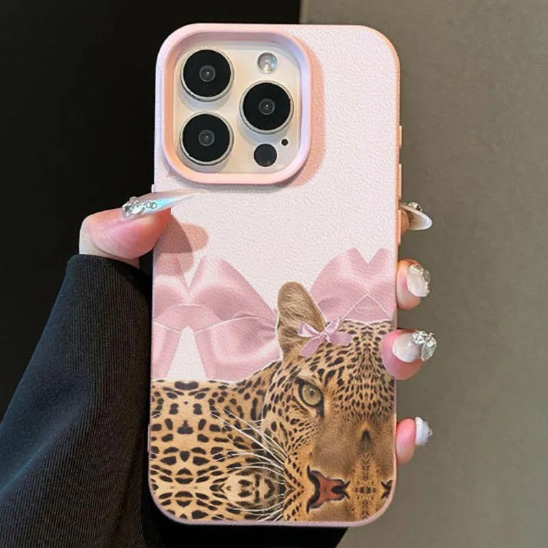 Funda de teléfono con textura de cuero sintético con diseño de estampado de leopardo rosa para iPhone 17 16 15 14 13 12 11 Pro Max XS X XR 16E 16 Plus Air Cover