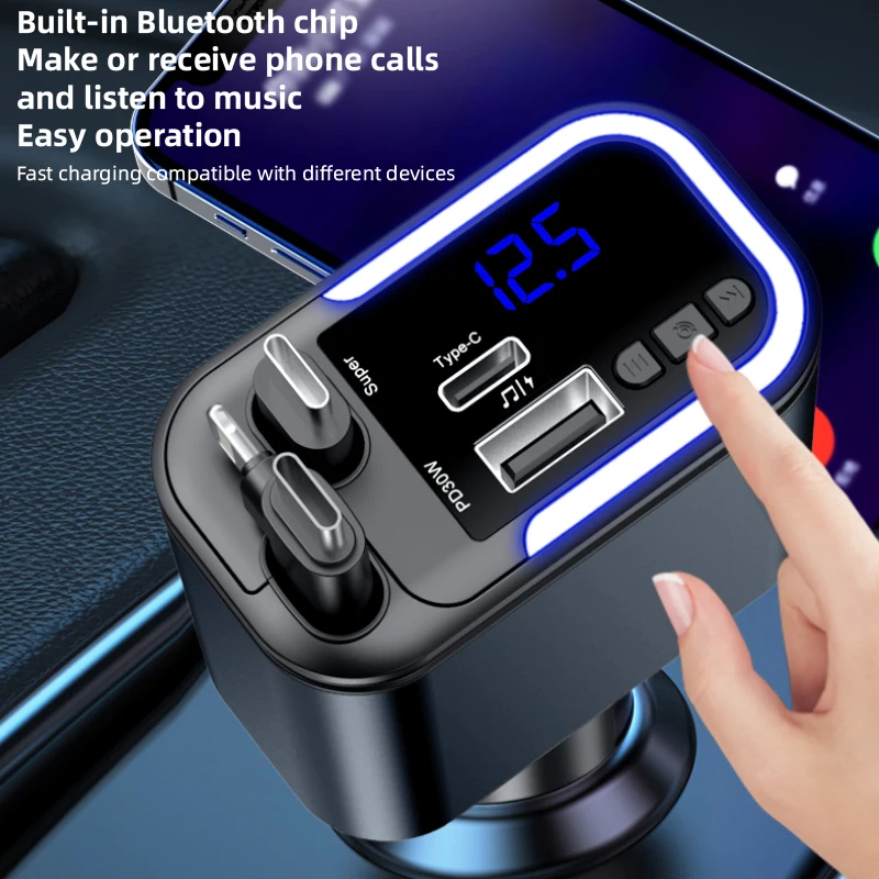 Cargador de coche retráctil 5 en 1 de 180W, transmisor FM Bluetooth 5,0, cargador de teléfono rápido, llamada con manos libres, disco en U auxiliar con luz LED - imagen 5