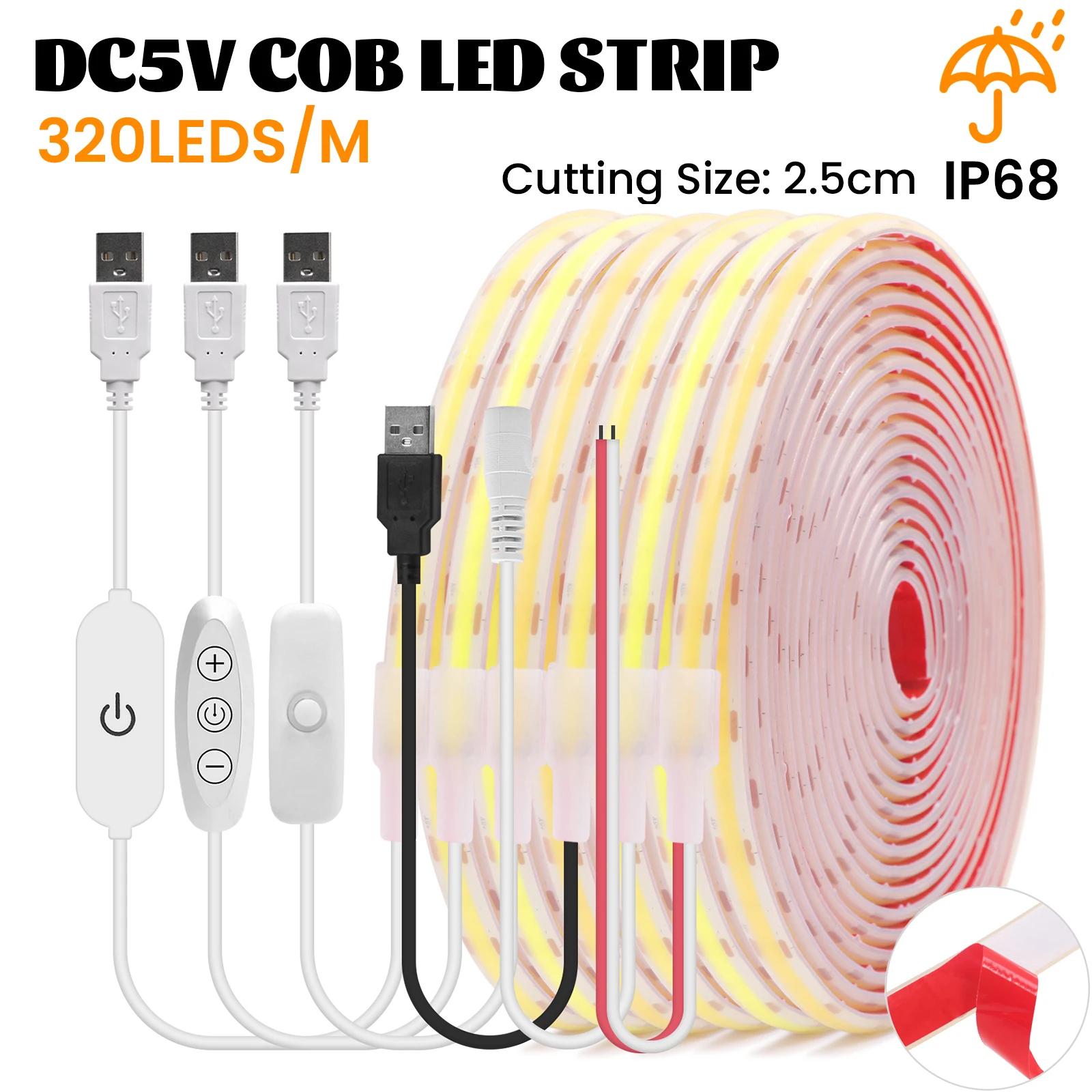 Tira de luces LED COB USB resistente al agua IP68, 5V, 320LED, cinta Flexible de alto brillo con interruptor atenuador de 10mm de ancho para iluminación exterior - imagen 2