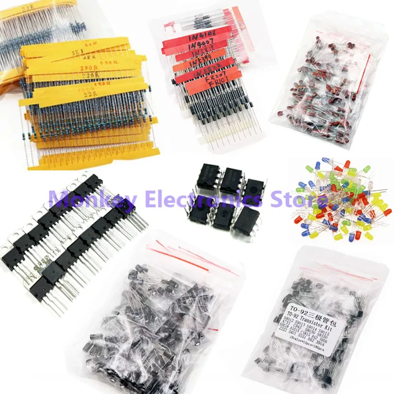 Kit de componentes electrónicos, 8 tipos de diodo de resistencia led, circuito integrado IC ne555 lm317, condensador electrolítico to-92 to-220
