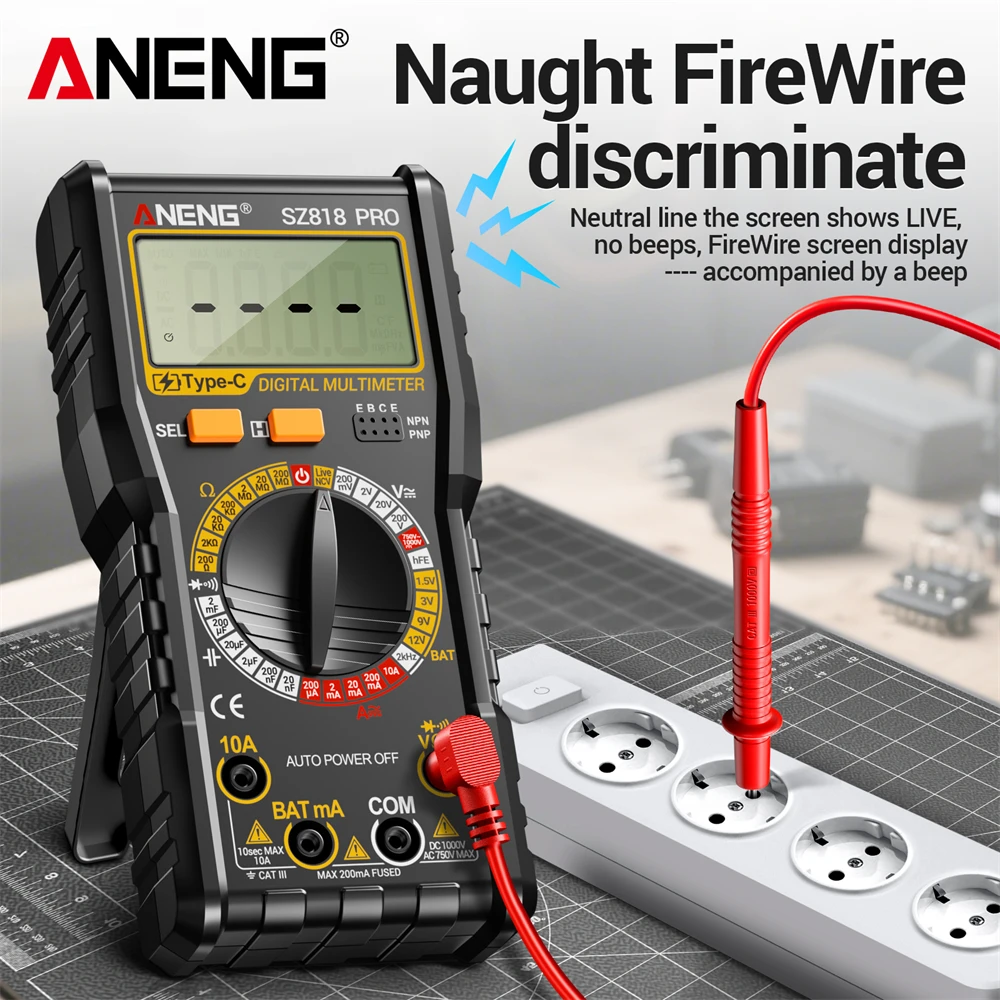 Multímetro Digital SZ818 PRO, triodo hFE, pantalla LCD, 1000V CC/750V CA RMS, impedancia de entrada de 10MΩ, polaridad automática, protección de fusible FF200mA - imagen 5