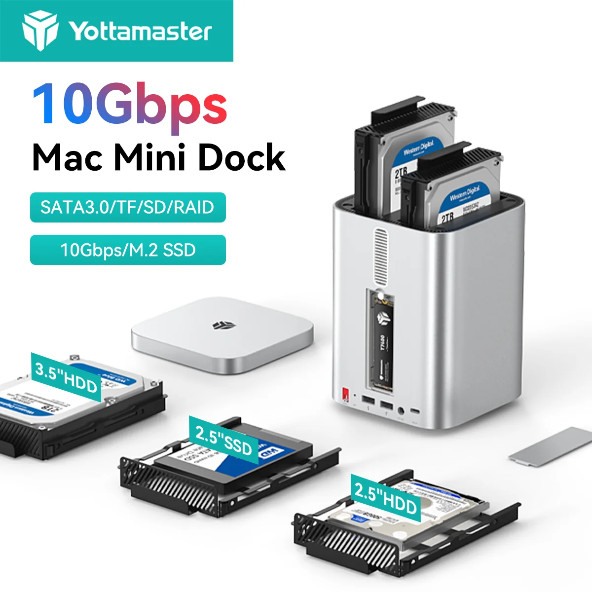 Yottamaster 10Gbps aleación de aluminio Mini Tower Dock M.2 NVMe SATA USB Hub estación de acoplamiento 2,5/3,5 "caja RAID DAS para Mac Mini M4