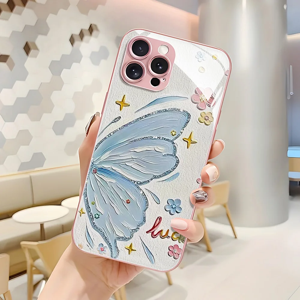 Funda de teléfono de vidrio templado para iPhone 17 13 11 16 14 15 Pro Max 12 17 Air 16E XR X Xs 7 8 Plus Funda de mariposa a prueba de golpes - imagen 2