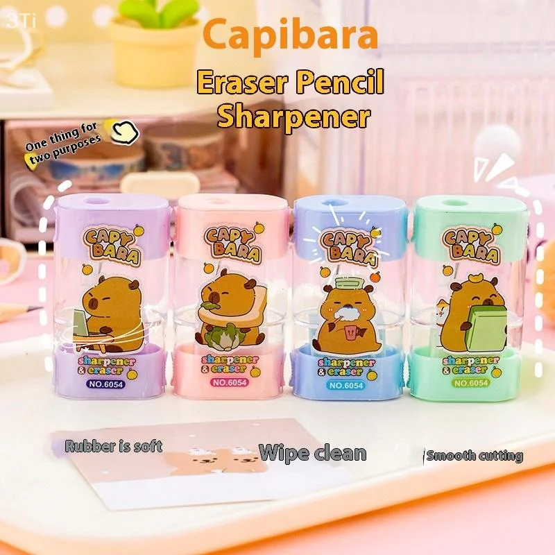 Sacapuntas Manual 2 en 1 de capibara de dibujos animados creativos, borrador, papelería bonita para niños, regalo, útiles escolares para estudiantes, 4 Uds. - imagen 5