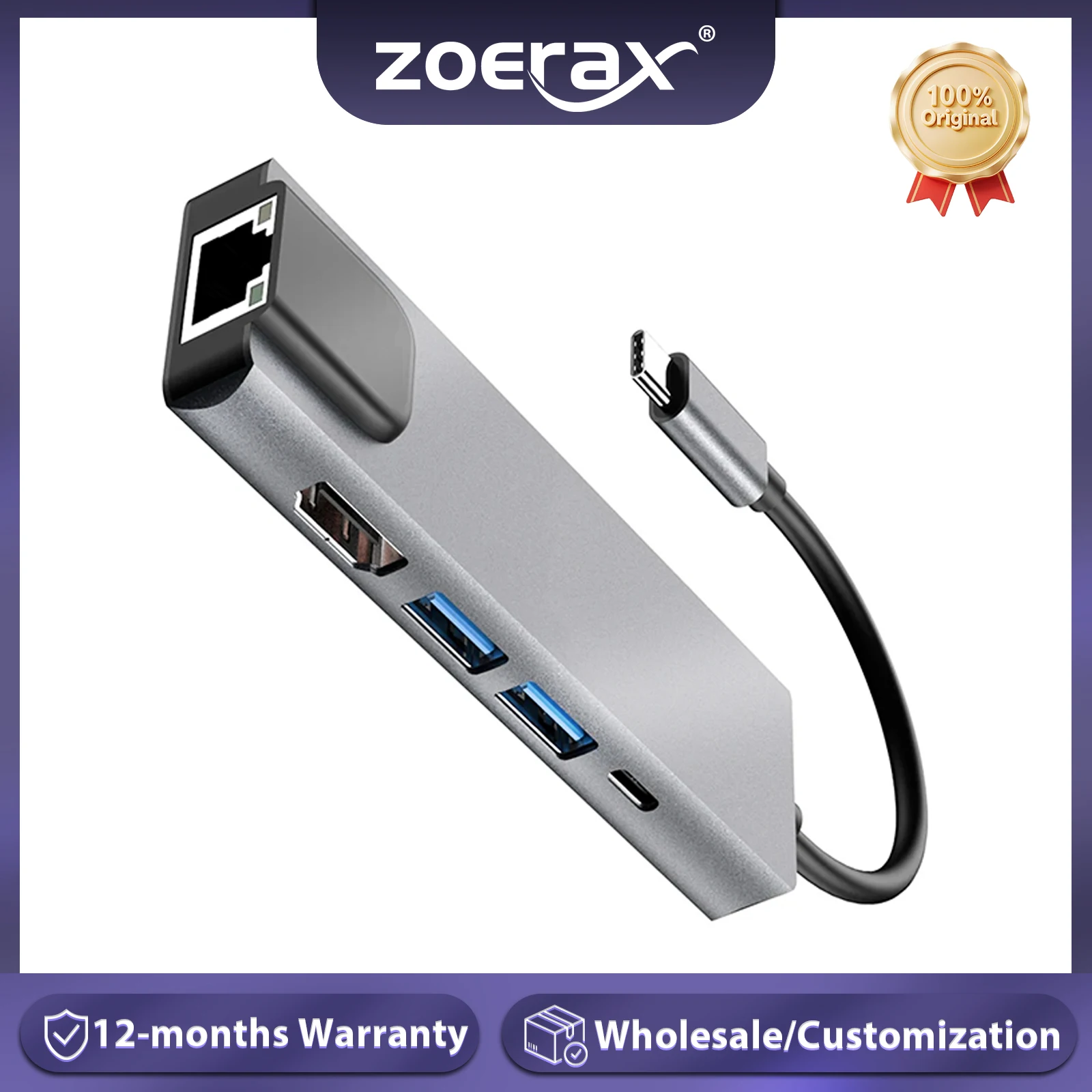 ZoeRax USB C Hub 5 en 1 Adaptador multipuerto con HDMI 4K, LAN RJ45 Ethernet, 2USB 3.0, carga rápida PD 100W para MacBook Pro/Air M1