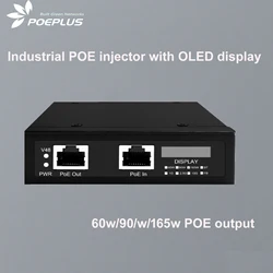 Inyector PoE industrial 10GbE 802.3bt con pantalla OLED y montaje DIN