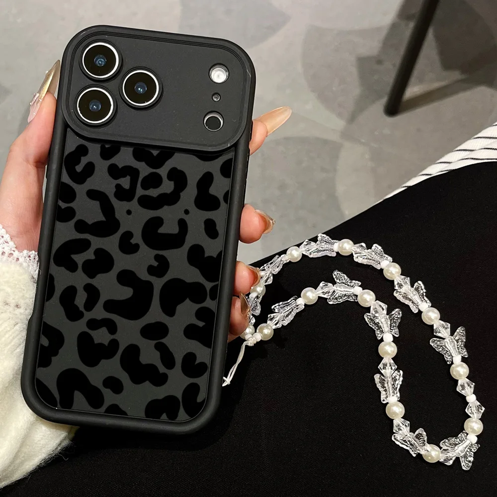Funda de teléfono con estampado de leopardo negro para iPhone 11 12 13 14 15 16 17 Pro Max 16e 17Air X XR XS Max 7 8 Plus con cubierta con cordón - imagen 4