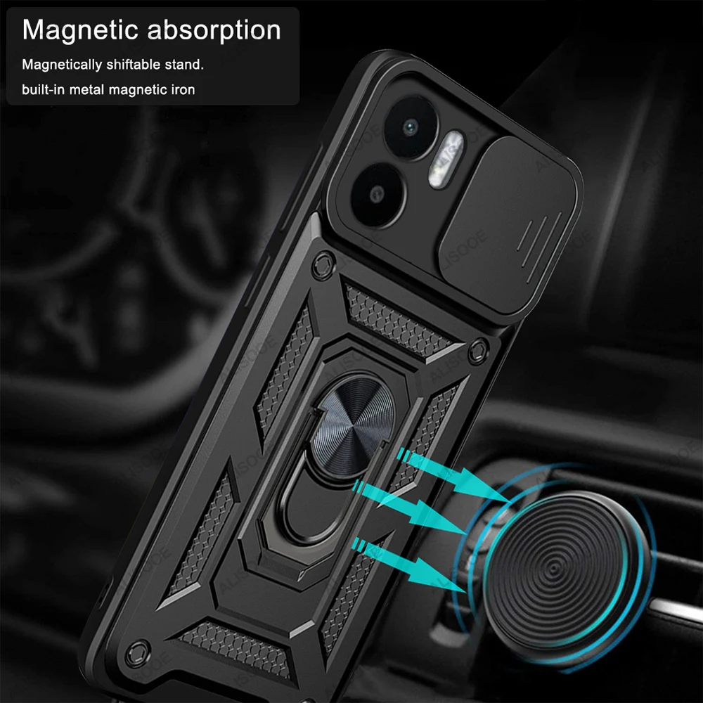 Funda con soporte de armadura para Xiaomi Redmi A1 4G A2, Fundas para Redmi A2 A1 Plus, lente de cámara deslizante, anillo protector, soporte para teléfono - imagen 3
