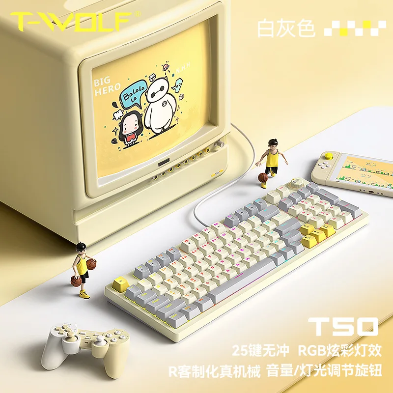 Teclado mecánico con perilla de eje azul, Teclado mecánico personalizado de doble Color para juegos, deportes electrónicos, Teclado mecánico con cable Retro RGB - imagen 5