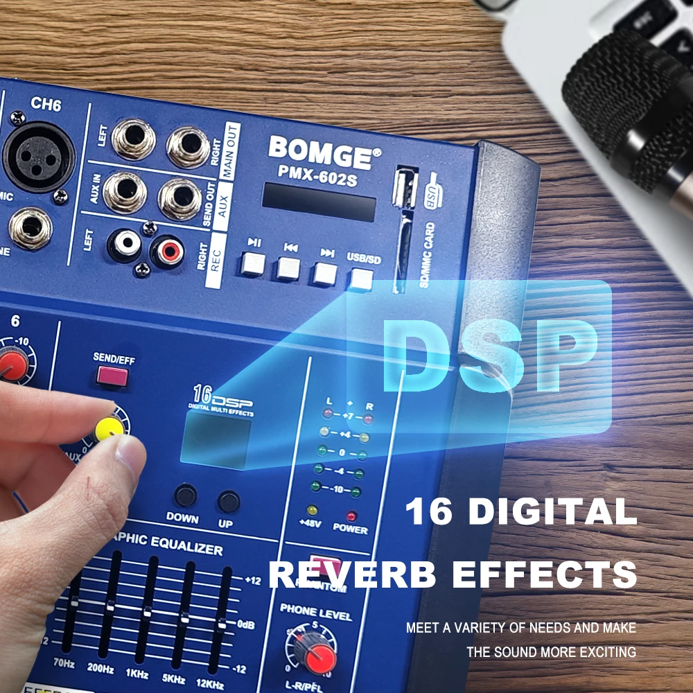 Mezclador de Audio profesional de 6 canales con sistema de micrófono inalámbrico, tarjeta de consola de sonido, interfaz USB de 48V para karaoke y DJ - imagen 3