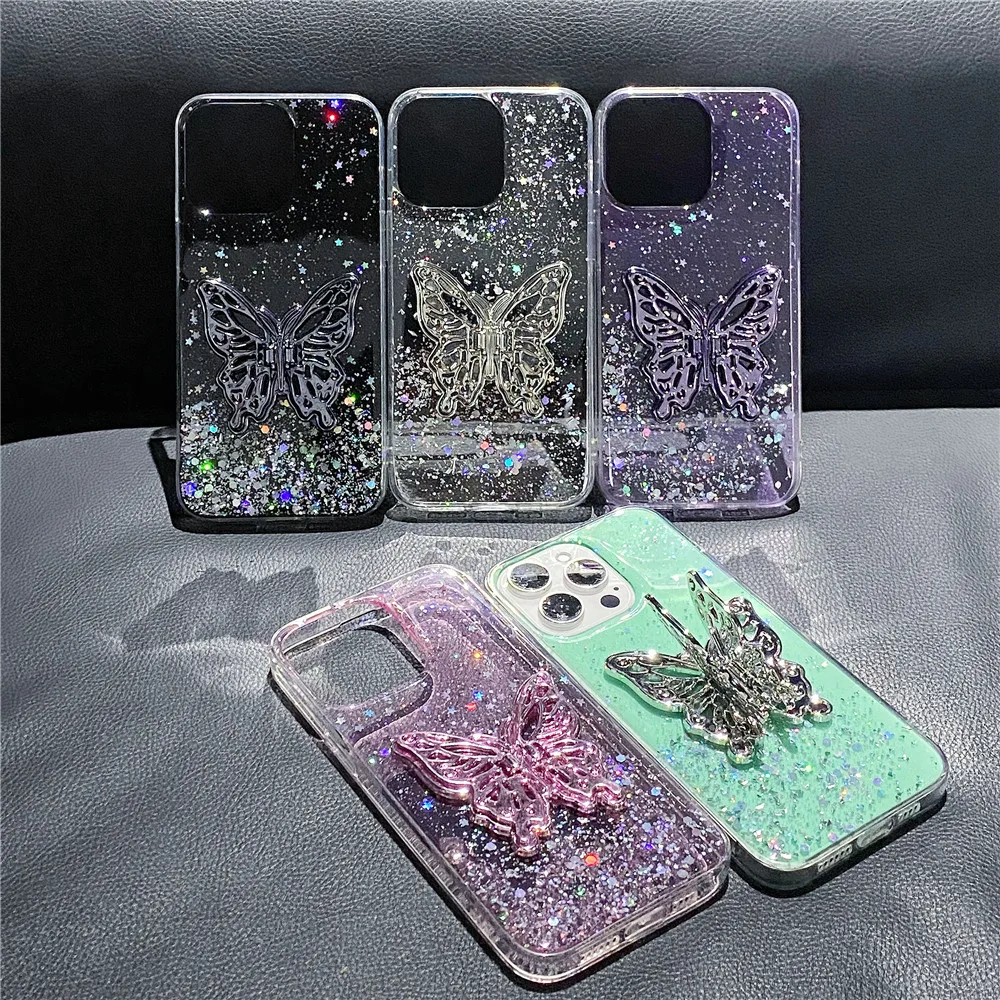 Funda de silicona con soporte de mariposa y purpurina para Samsung Galaxy, A52, A51, A50, A22, A32, A21S, A72, A71, A70, A20, A30S, A10S - imagen 2