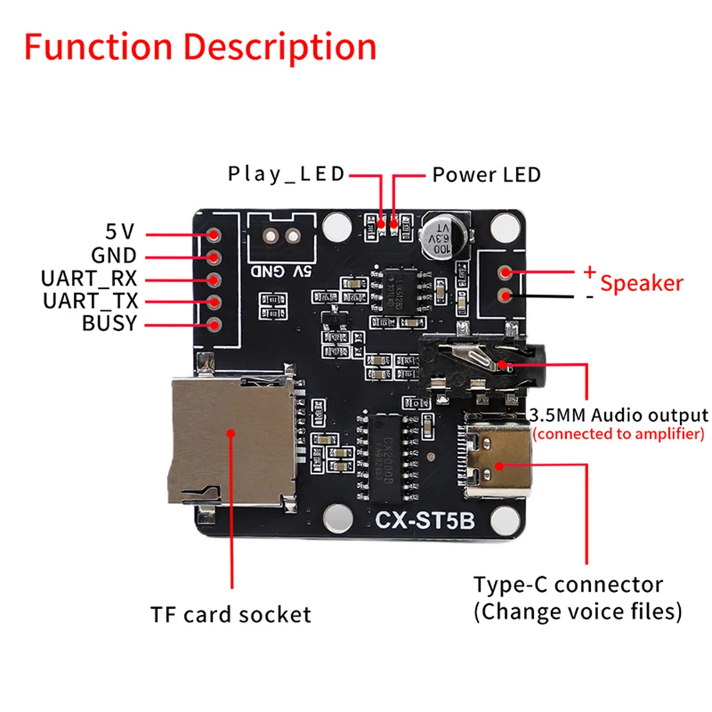DC 3,3-5,2 V ST5B puerto serie Mp3 módulo de Chip de voz activadores de Control transmisión de voz tarjeta TF módulo de Audio personalizado tipo C - imagen 4