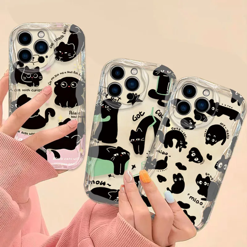 Precioso gato negro 3D Wave funda para iPhone 16 15 14 13 12 11 Pro Max X XR XS 8 7 Plus SE 2020 cubierta trasera de silicona transparente a prueba de golpes - imagen 2