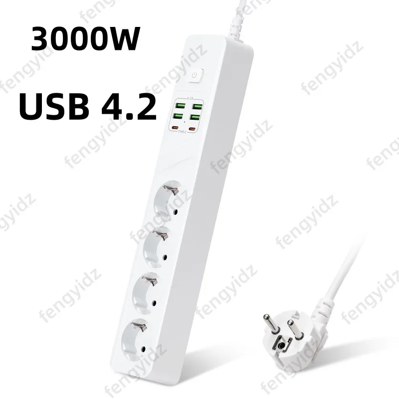 Regleta con conexión a tierra estándar, 4 enchufes de la UE, 4 puertos USB 2 tipo C, protección contra sobrecarga con Cable de extensión para el hogar y la Oficina