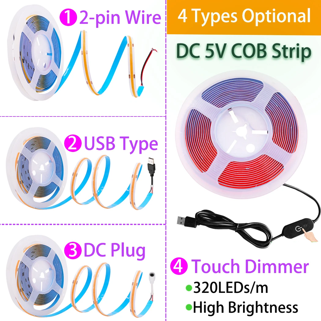 Tira de luces LED COB USB de 5V CC, 8mm, 320LEDs/m, cinta lineal Flexible de alta densidad, luz blanca cálida, roja, azul, RA 90, lámpara de decoración para el hogar - imagen 3