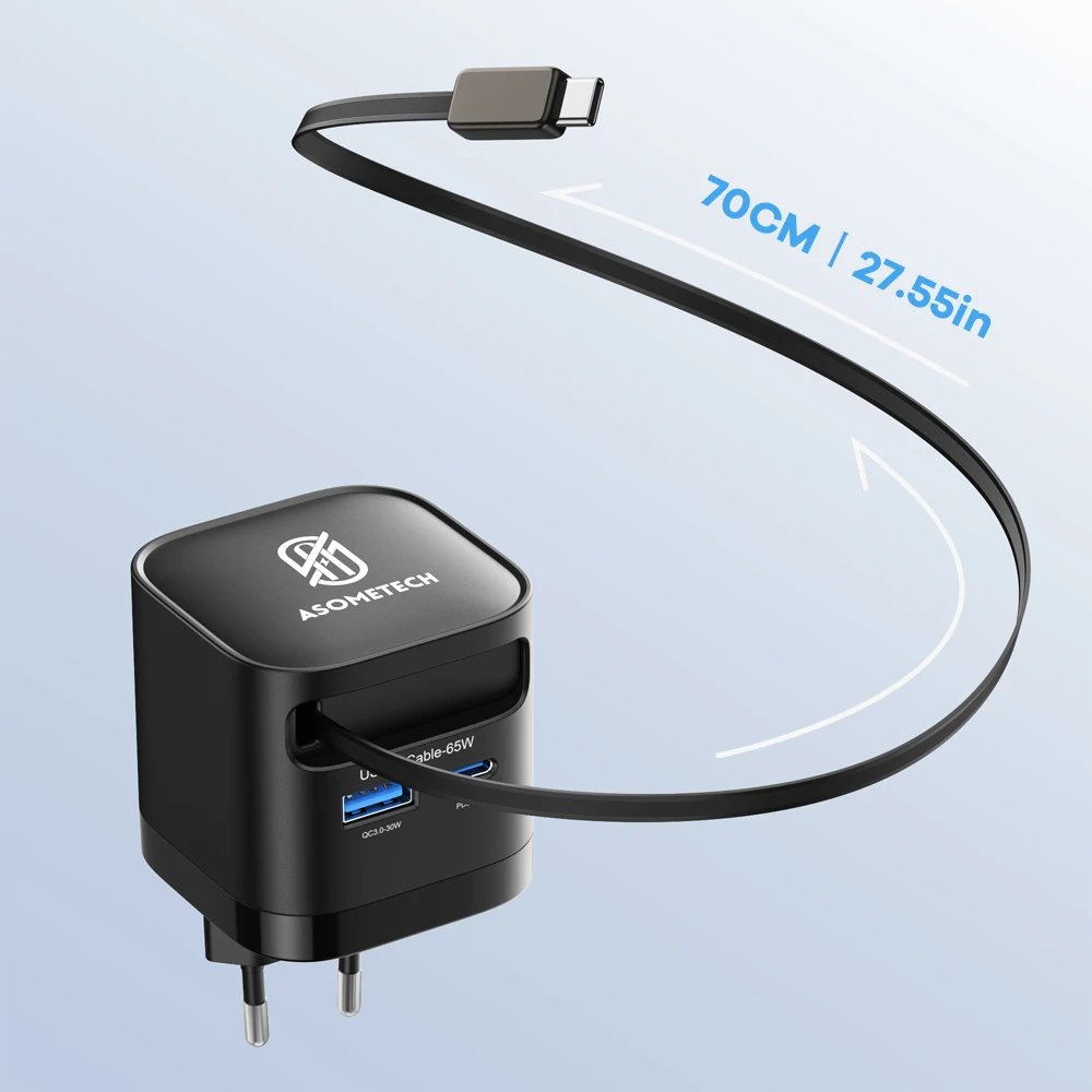 Cargador USB GaN de 65W con Cable retráctil tipo C, cargador rápido QC4.0 PD3.0 PPS de 3 puertos para Macbook, portátil, iPhone 16, 15, 14, Xiaomi - imagen 4
