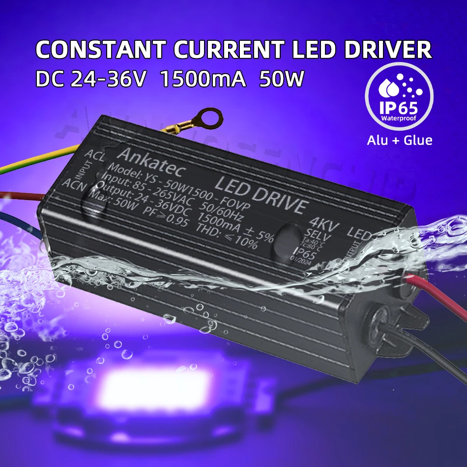 Controlador LED 50W 1500mA impermeable IP65 transformador de iluminación adaptador AC85-265V a DC 24-36V COB Chip fuente de alimentación de corriente constante